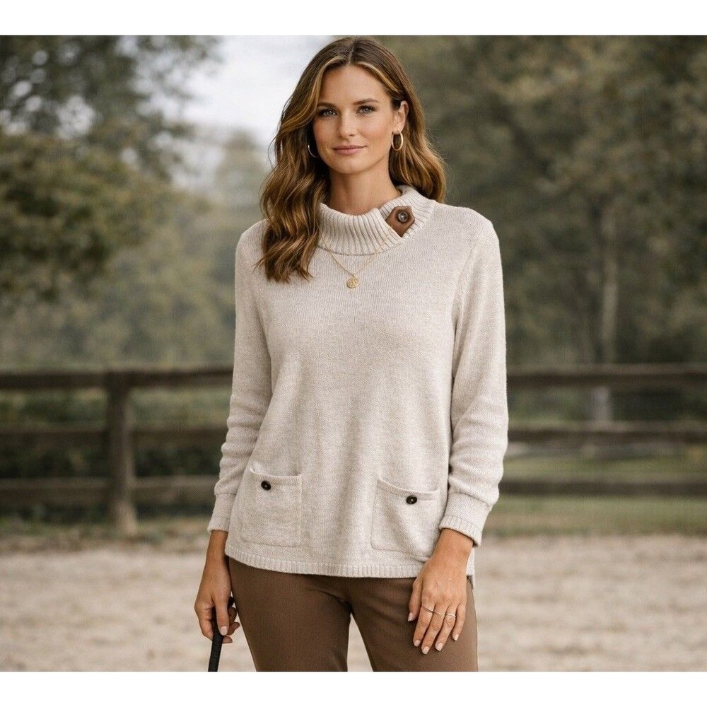 CHICOS Sweater Tunic Mock Neck Pockets Pullover Jumper Gray Beige Size O
